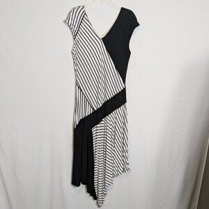 CATO Est 1946, Black Striped Stretch Knit High-Low Maxi Dress; Size L